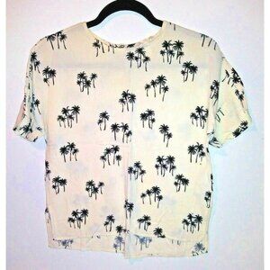Womens H&M top Palm Trees print Sz L Ivory short sleeve boxy stretch beige black